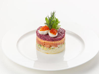 Layered salad with light-salted trout